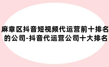 麻章区抖音短视频代运营前十排名的公司-抖音代运营公司十大排名